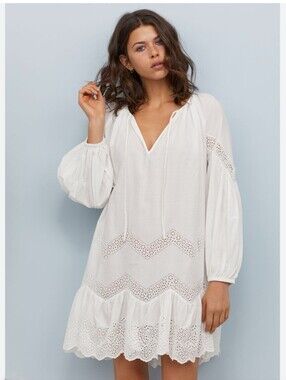 H&M Flowy White Eyelet Trim Dress/Tunic Size XSmall